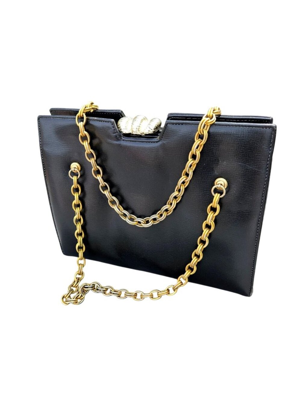 I. Magnin & Co Vintage 60s Black Leather Chain Strap Frame Luxury Handbag